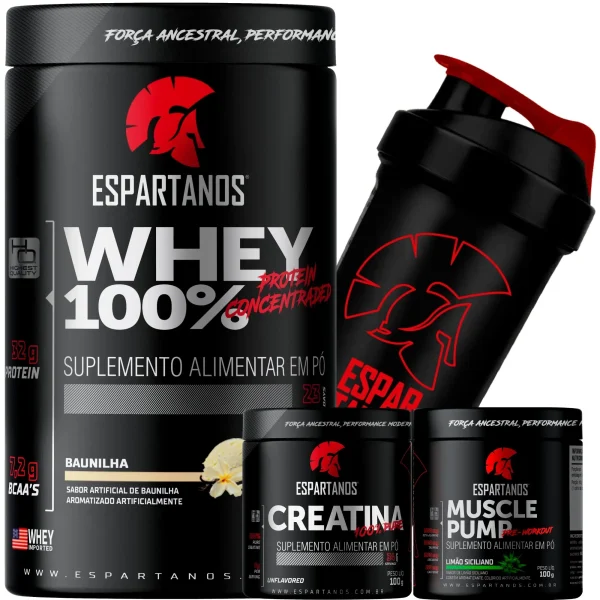Whey Protein 100% + Creatina + Pré-Treino + Shaker