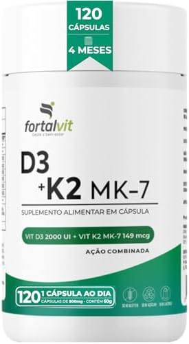Fortalvit Vitamina D3 + K2 120 Cápsulas 4 Meses de Uso Longa Duração, 2000UI D3 149mcg Vitamina