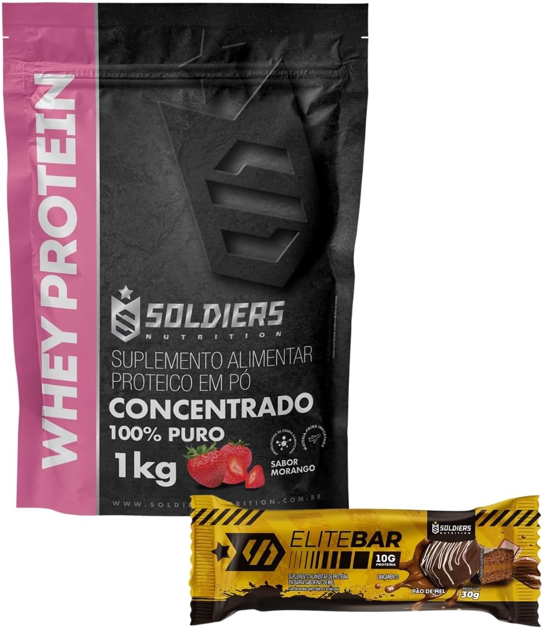 Soldiers Nutrition Kit: Whey Protein 1Kg Morango + Barrinha Elitebar Pão de Mel 30g