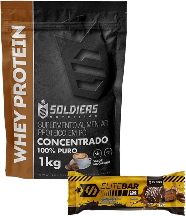 Soldiers Nutrition Kit: Whey Protein 1Kg Mocaccino + Barrinha Elitebar Pão de Mel 30g