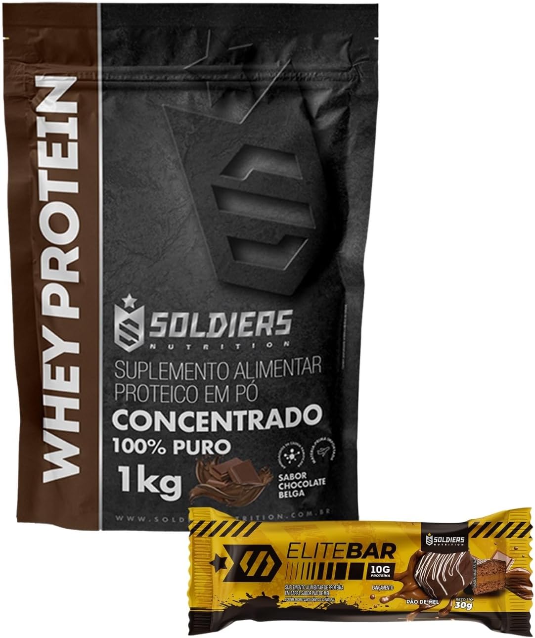 Soldiers Nutrition Kit: Whey Protein 1Kg Chocolate Belga + Barrinha Elitebar Pão de Mel 30g