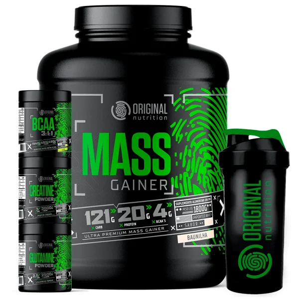Kit Massa Hipercalórico MASS GAINER + BCAA + Creatina 100g + Glutamina 100g