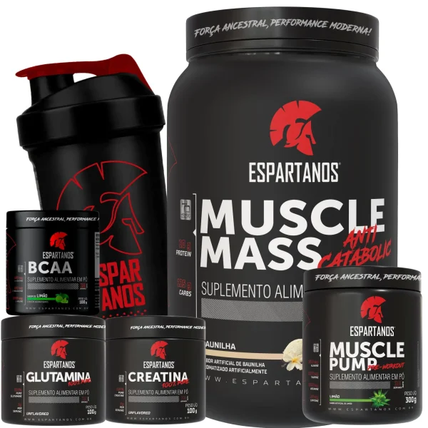 Kit Muscle Mass 1,8kg + BCAA + Creatina + Glutamina + Pré Treino Limão + Coqueteleira