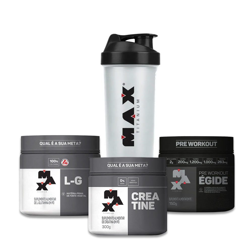 Max Titanium Kit Creatina 300g + Egide 150g + Glutamina 150g + Coqueteleira UN