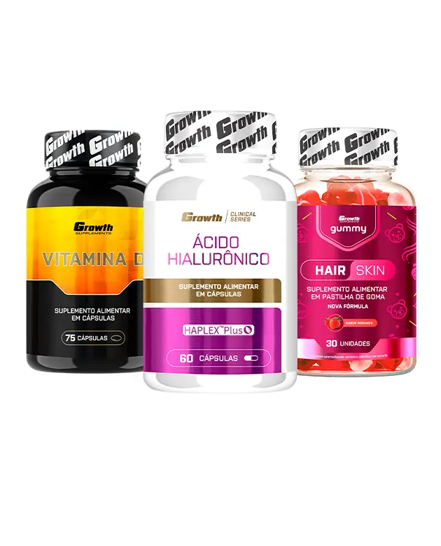 Kit Saúde da Pele: Ácido Hialurônico 60 caps + Hair Skin Gummy 30 un + Vitamina D 75 caps