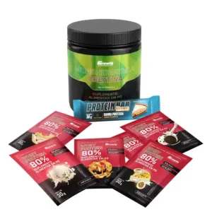 Kit Sabores: Protein Bar 30g Display C/ 12 UN + Creatina Monohidratada 250Gr + Dose 30Gr Whey Protein Concentrado 80% - Chocolate C/ Amendoim + Banana + Caramelo + Mousse De Maracujá + Cookies + Baunilha
